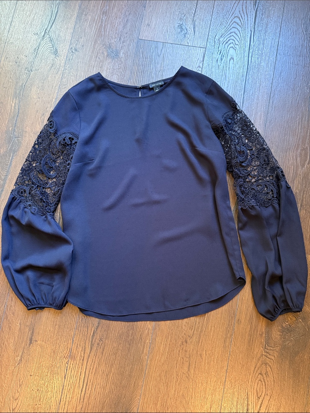 Ann Taylor Navy Blouse with Lace Sleeve Detail